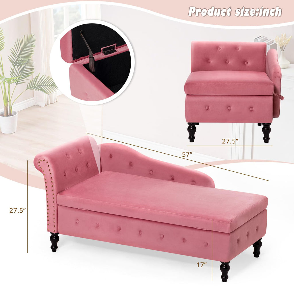 Velvet Chaise Lounge w/Left Armrest & Storage Space, Pink