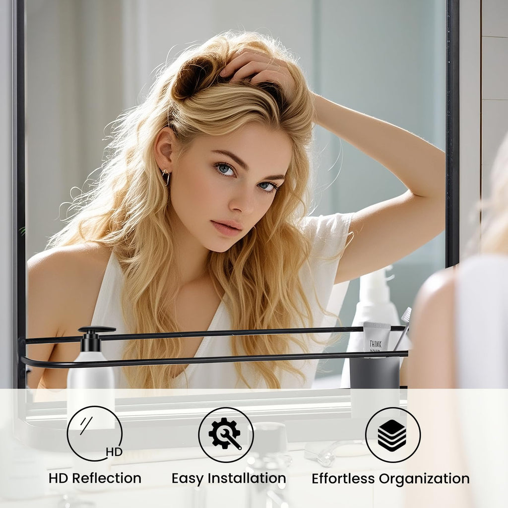 Black Bathroom Mirror with Shelf, 24"x36" Wall Mounted Vanity Mirror with Metal Frame & Rounded Corners, Storage Shelf