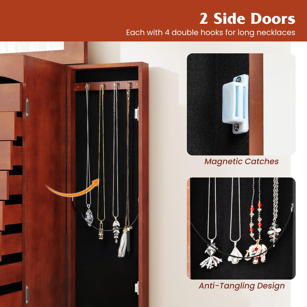 Standing Jewelry Cabinet with 9 Drawers, Flip Top Mirror, Cherry