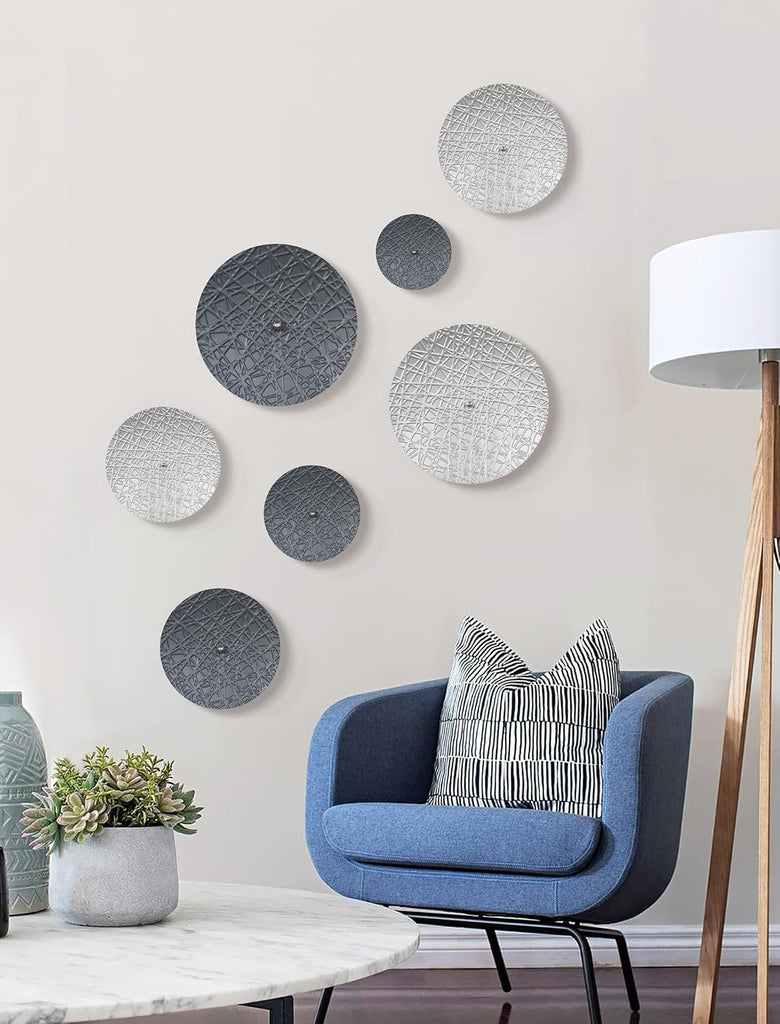 Silver and Gray Metal Wall Art Decor for Modern Living Room Hallway - Set of 7