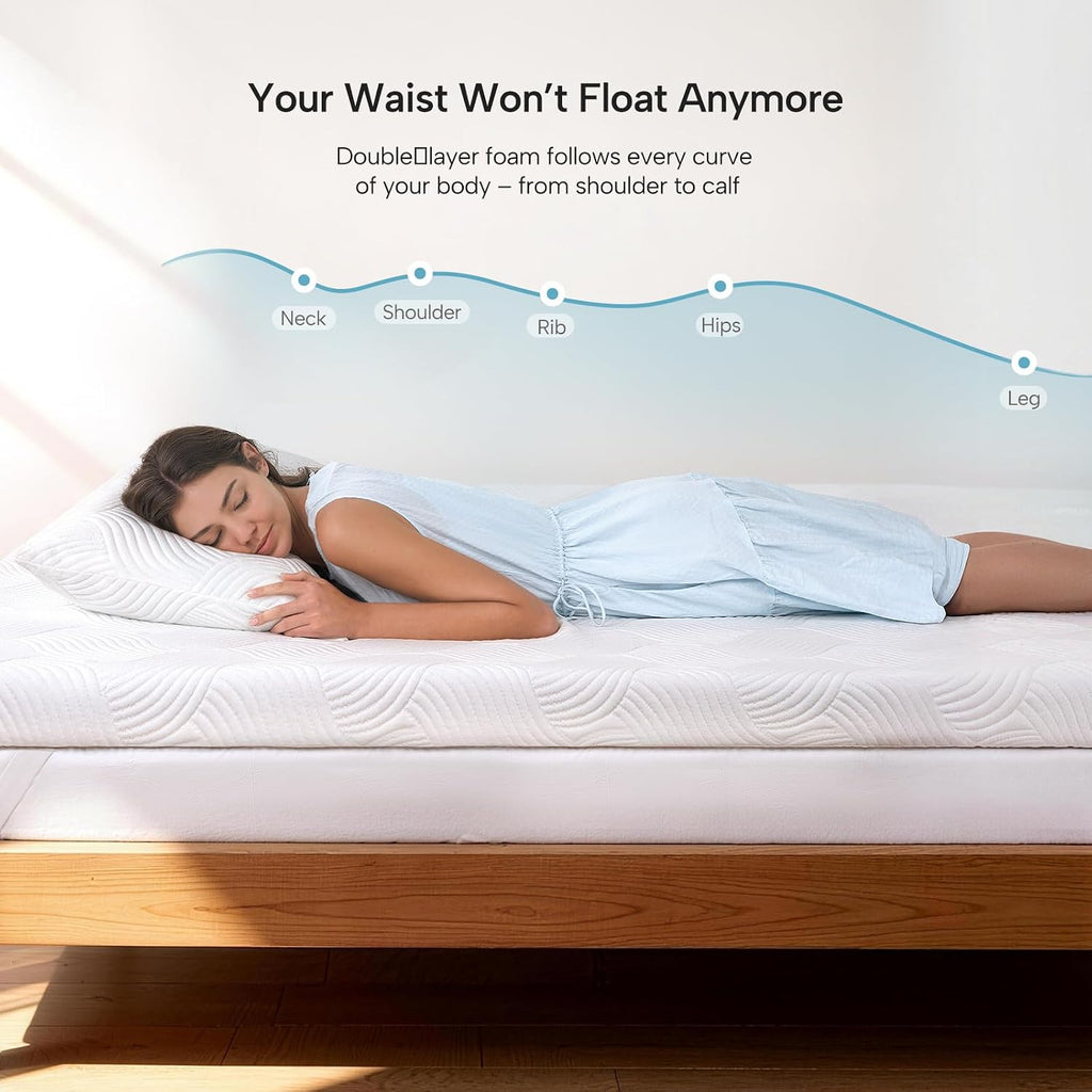 3 Inch Gel Memory Foam Mattress Topper, Dual-Layer Cooling Bed Topper with Bekaert Fabric Cover, Wave-Textured