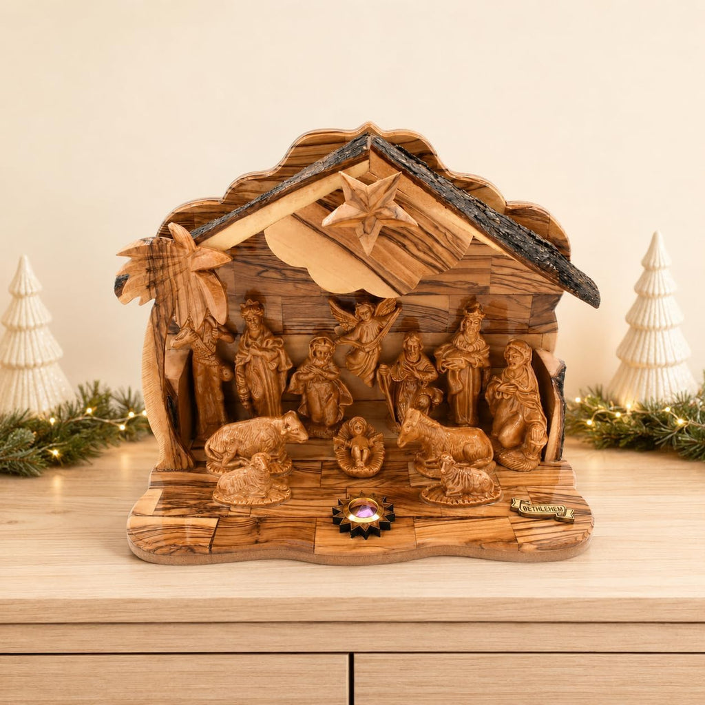 Olive Wood Nativity Set with Music Box - Hand Carved in Bethlehem | Holy Land Christmas Manger Scene | Religious Gift