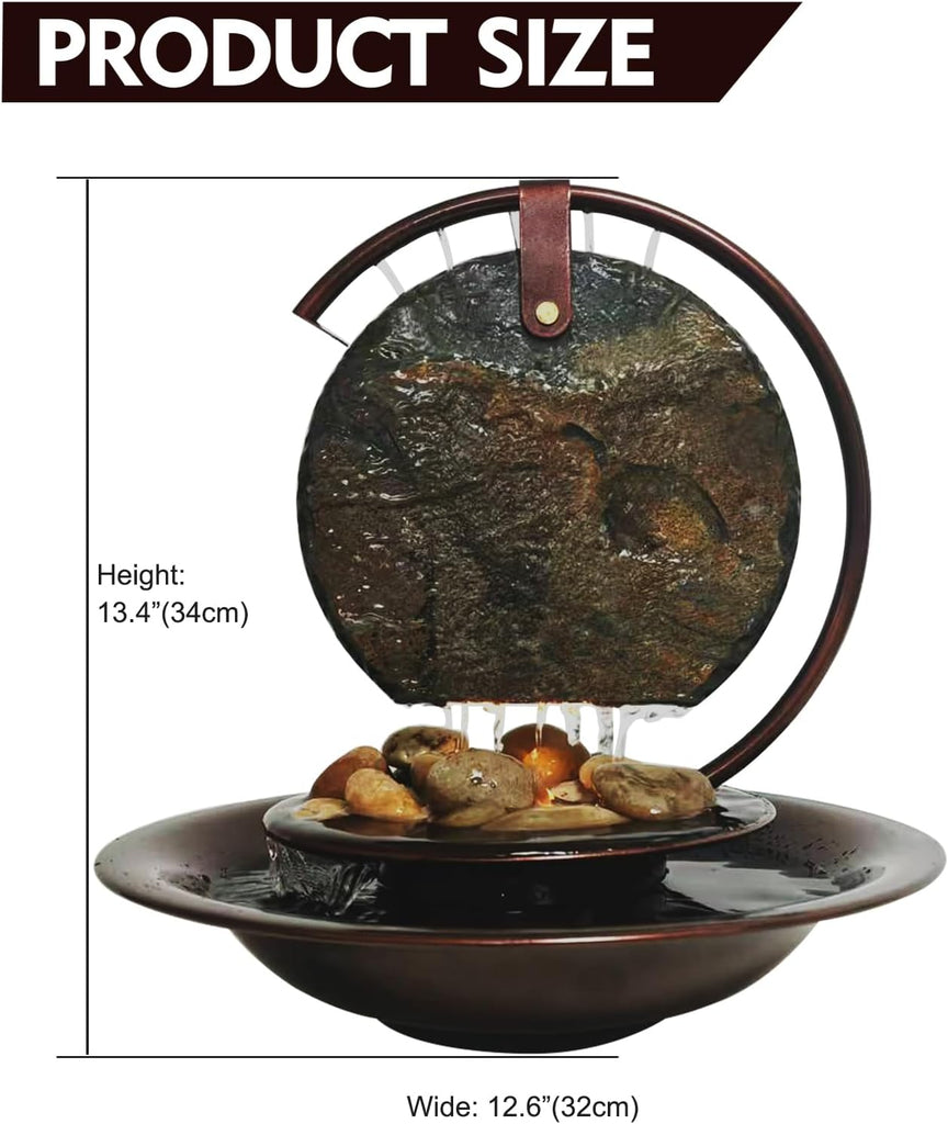 Indoor Tabletop Waterfall Moon Fountain, Home Décor Soothing Rain Sound Meditation Relaxing Fountains, Nature Slate