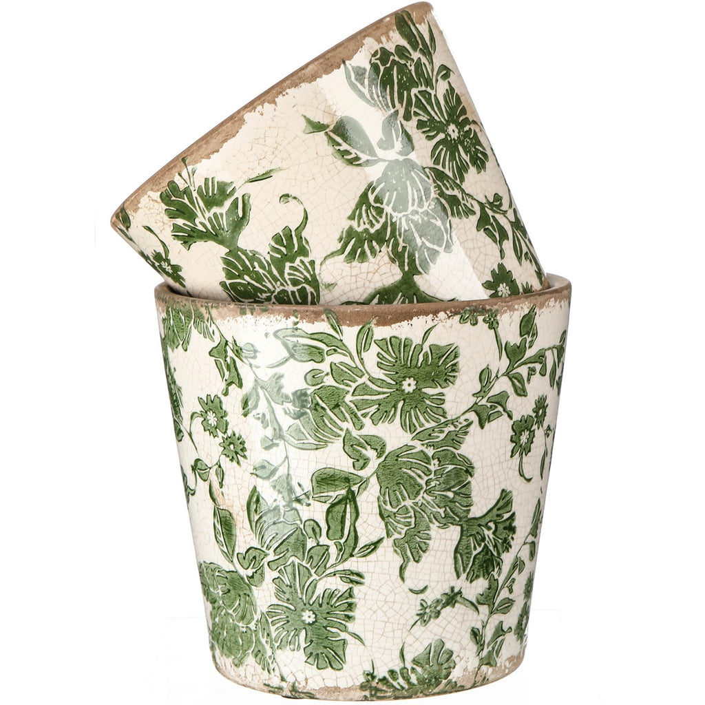 2 Pcs Farmhouse Ceramic Planters Gifts Set 5.1"x 5.5" Christmas Vintage Flowers Pots Green Ice Crackle Glazed Plants