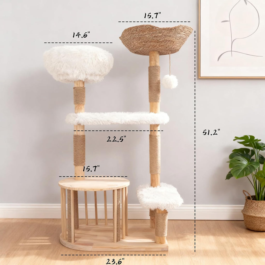 Modern Cat Tree Tower for Indoor Cats, 51" Tall Natural Solid Wooden Cat Tower with Sisal Scratching Post, Luxury Cat