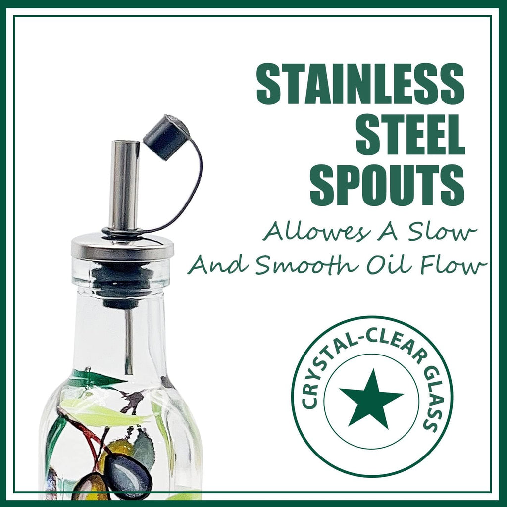7oz Hand Painted Glass Olive Oil Bottle Dispenser - 200ml Green Oil & Vinegar Cruet with Pourers - Olive Oil Carafe - Set of 2
