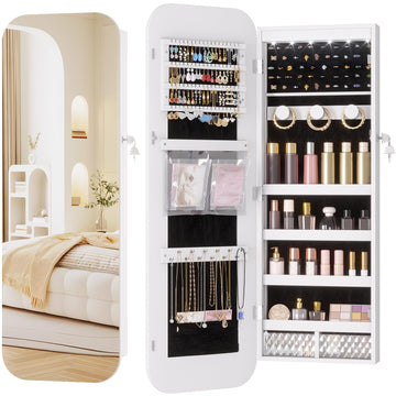 6 LEDs Mirror Jewelry Cabinet Door Hanging, 42.5", Lockable, White