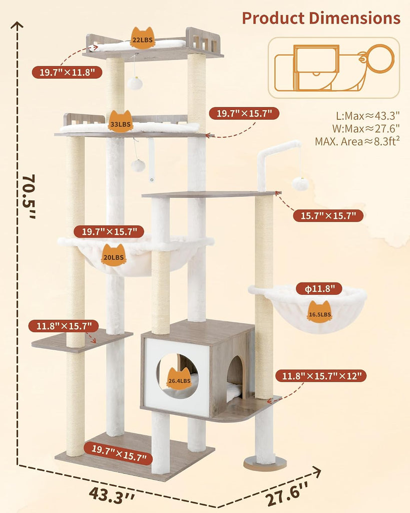 Cat Tree, 70.5" Wood Tall Cat Tower for Large Indoor Cats