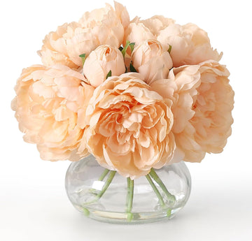 Real Touch Artificial Peonies in Glass Vase, 6 Stems Faux Flowers with Faux Water, Silk Peony Arrangements - Set of 7