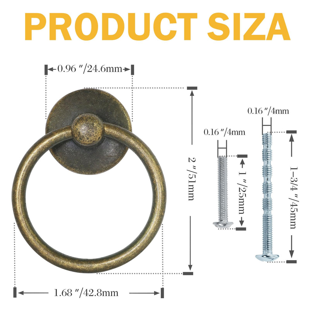 12pcs Drop Ring Drawer Pulls - Antique Brass