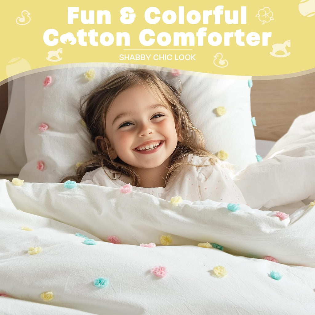 Girls Full/Queen Comforter Set, Ivory 5-Piece Kids Bedding, 100% Cotton Tufted Pom Pom Tufted Jacquard, All