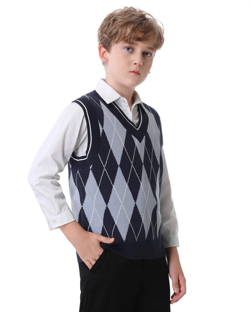 Boys Argyle Sweater Vest V-Neck Uniform Sleeveless Vest Kids Over Knit Sweaters for Children Navy