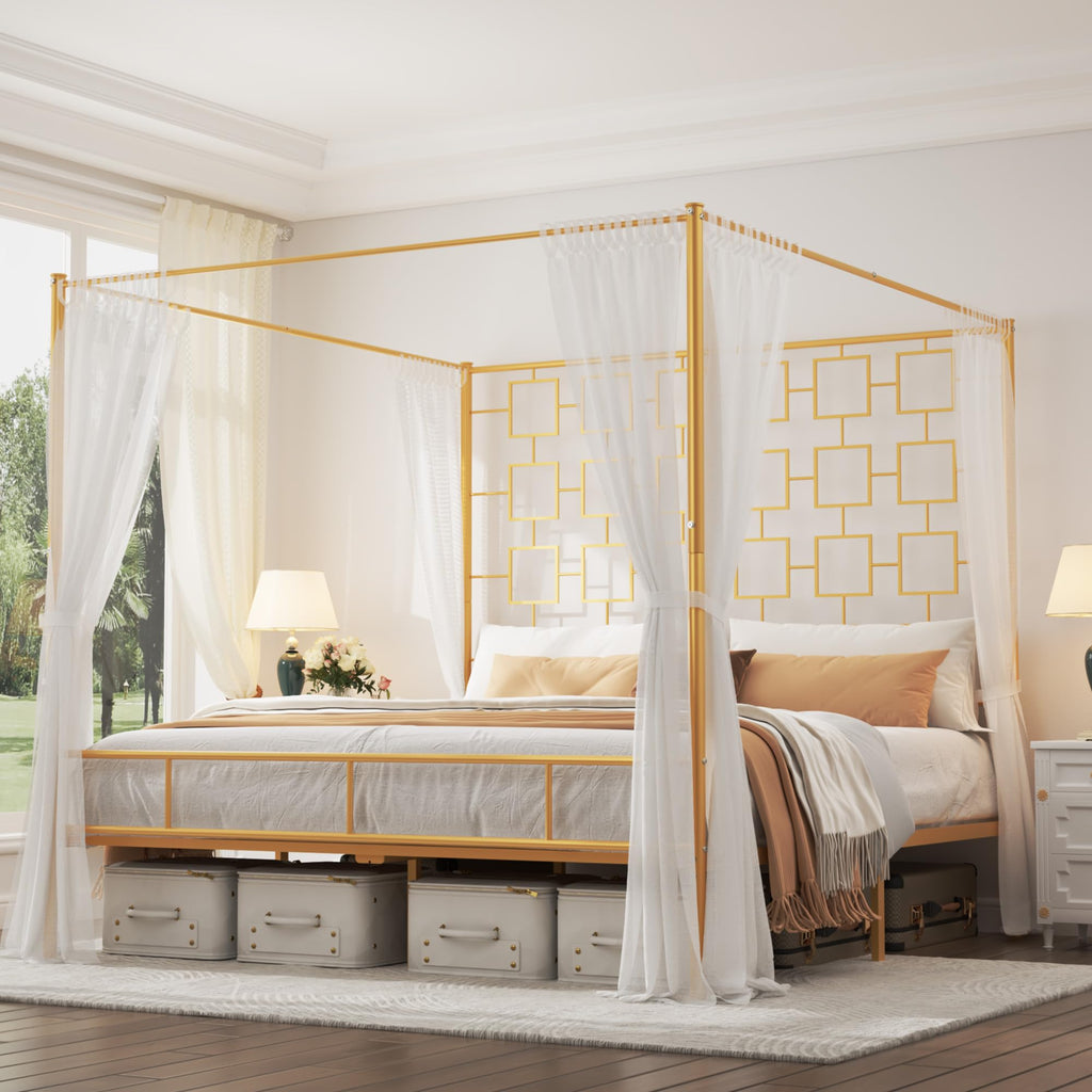 King Canopy Bed Frame, Gold Metal Bed, No Box Spring Needed