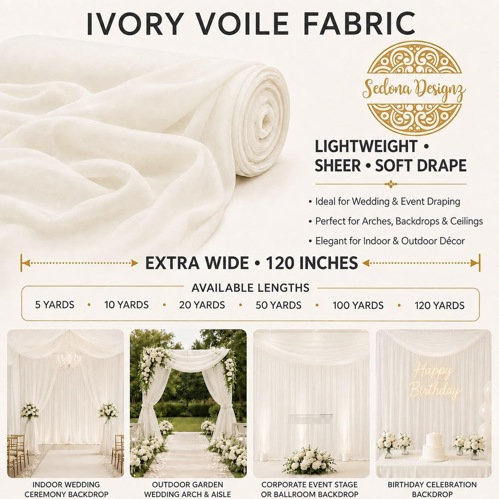 120" Wide (10ft Wide) x 10 Yards - Off-White/Ivory Sheer Voile Chiffon Fabric - NFPA 701 Tested Flame Resistant