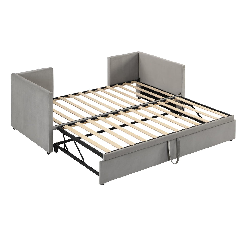 Twin Size Daybed, Upholstered Twin Daybed with Extendable Trundle, Twin Size Daybed Frame, Gray