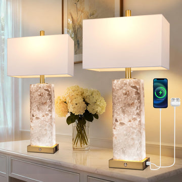 25.6" Alabaster Lamps, Marble Lamp Nightstand Lamps Set of 2