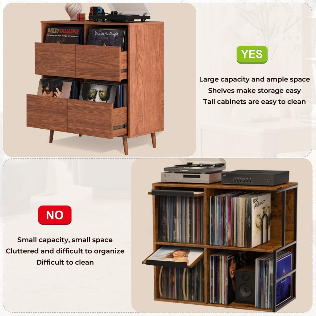 Record Player Stand with Vinyl Storage, Mid-Century, Brown