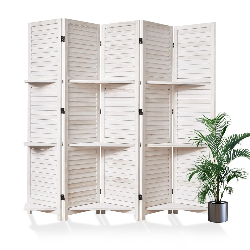 Partition Room Dividers, Folding Wood Privacy Screen with Three Display Shelves Suitable, Study, Art Display - 5