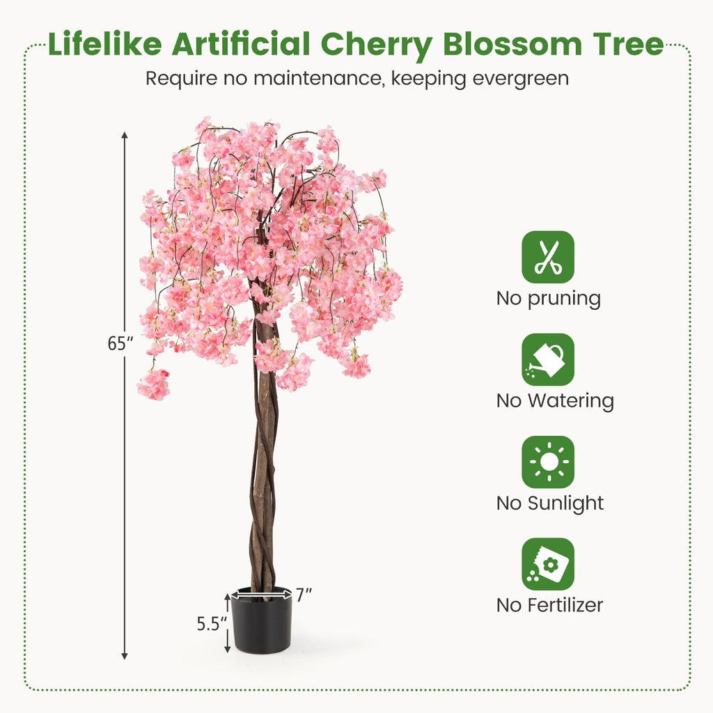 5.5FT Artificial Cherry Blossom Tree, Fake Flower Tree, Faux Floral Plant Blooming Tree Pot with Pink Flowers, Tall