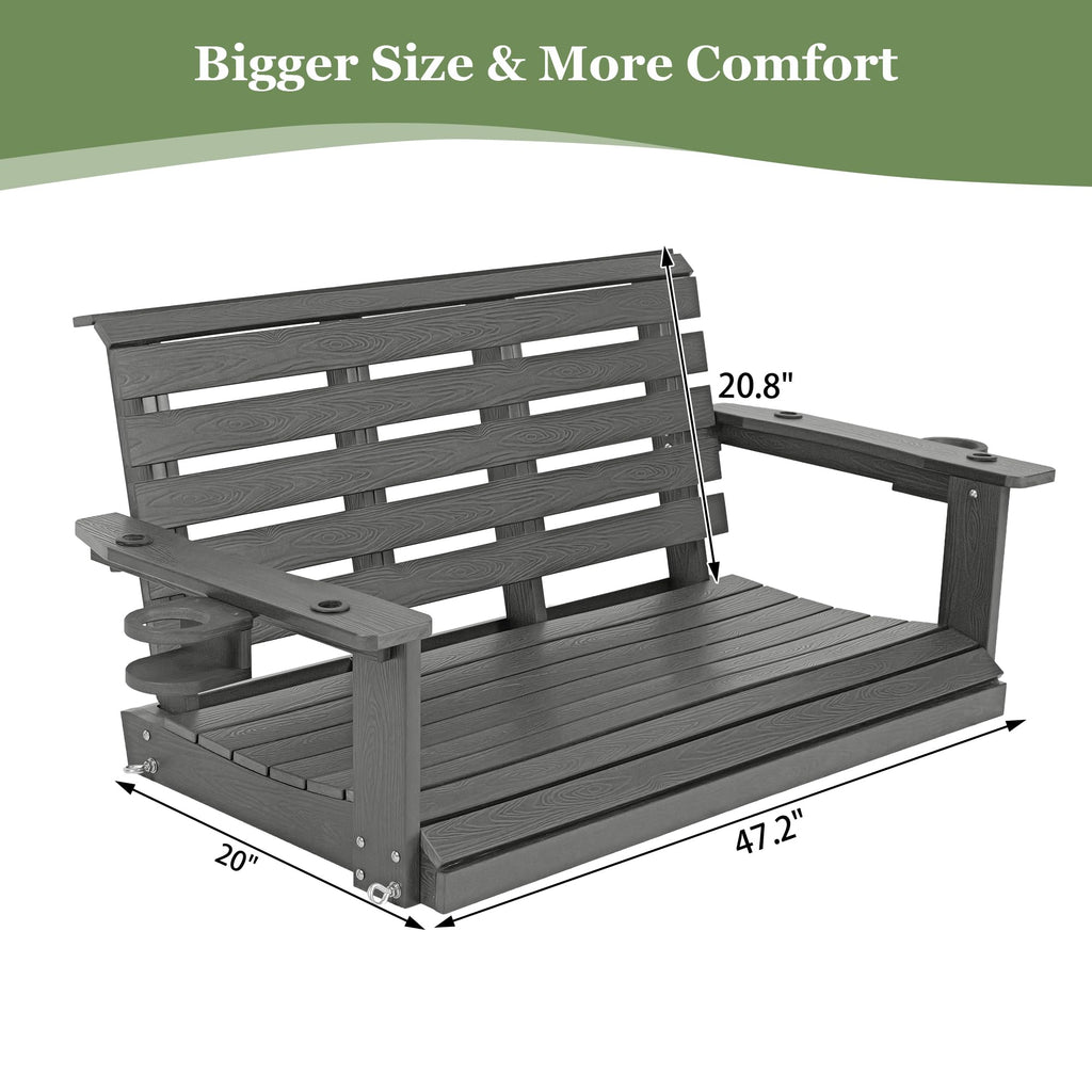 Poly Lumber 2-Seat Porch Swing, HIPS 4-Feet Bench Swing with Foldable Cup Holders, 18/8 Stainless Steel Hardware, High