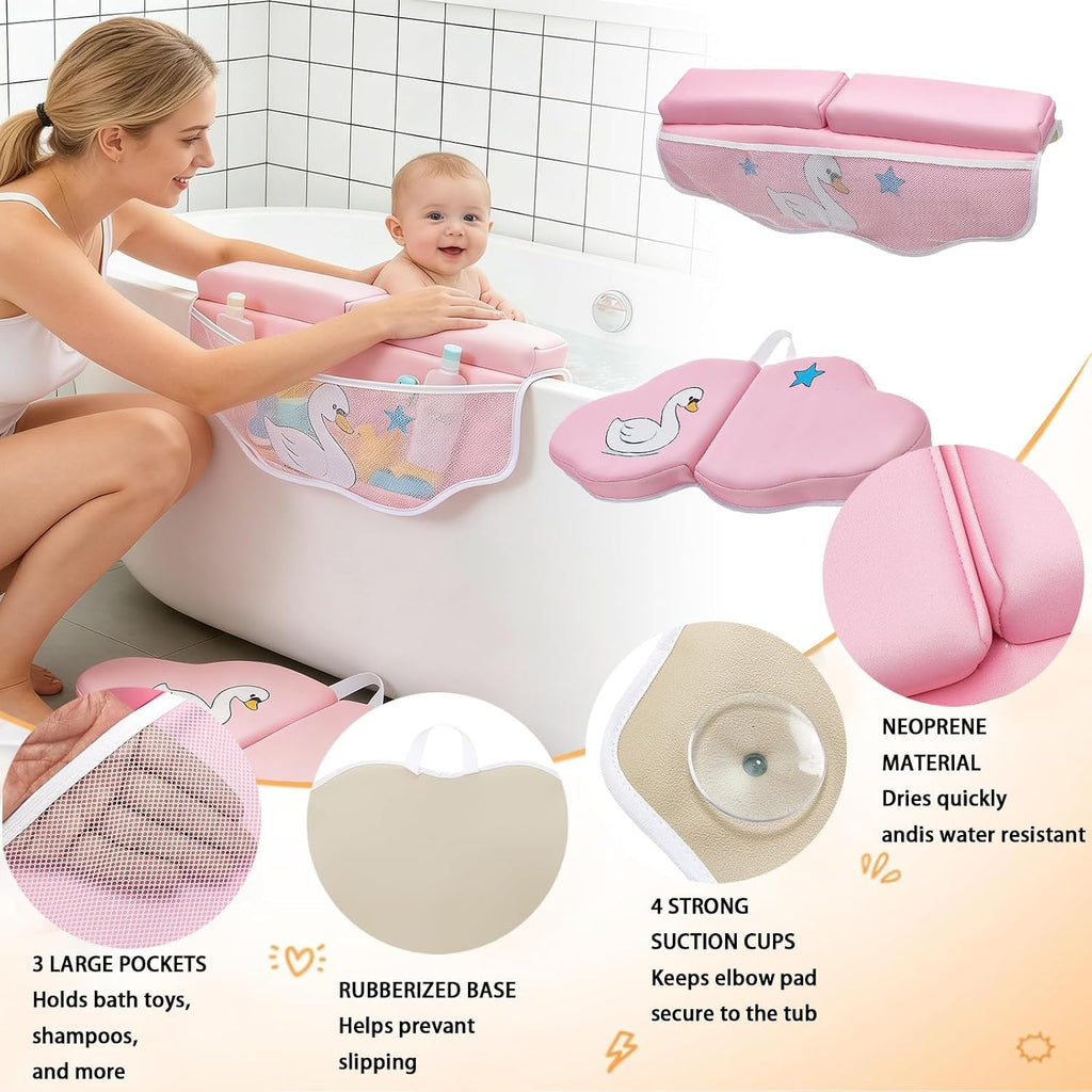 Bath Kneeler and Elbow Rest Pad Set, Bathtub Kneeling Pad with Elbow Support and Storage Pockets, Baby Bath Support