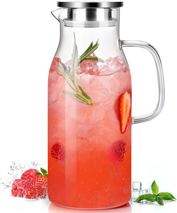 Glass Pitcher, 2 Liter 68oz Water Pitcher with Lid and Spout, Large Ice Tea Jug for Fridge, Thick Drink