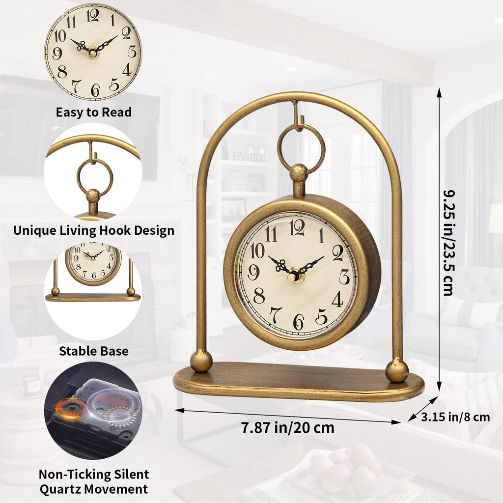 Vintage Small Gold Table Clock, Farmhouse Table Clock, Silent Non-Ticking Battery Operated Desk and Shelf Clocks