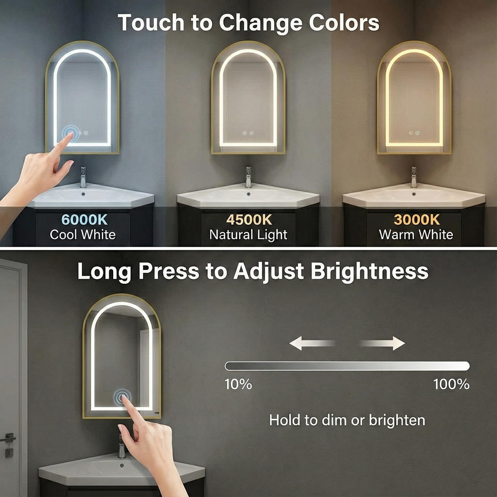 LED Corner Medicine Cabinet with Mirror, One-Touch Defogger, Arched Wall Mount Corner Bathroom Mirrored Cabinets