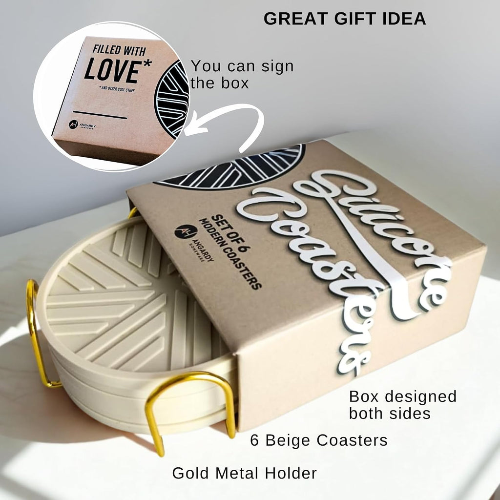 Silicone Coasters - with Gold Holder, smart Modern Grooved Pattern Protecs to Coffee Tables, Beige - Set of 6