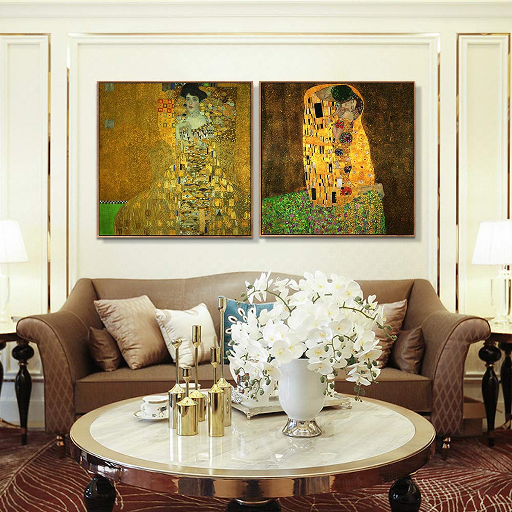Combo Painting 2 Pieces Framed Canvas Giclee Print Art Series#1 by Gustav Klimt Wall Art Living Room Home Office