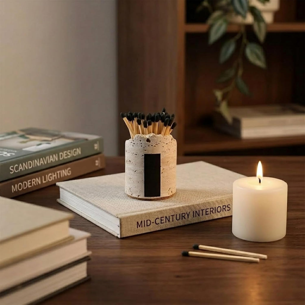 2-Piece Travertine Match Holder with Striker Modern Stone Jar - Set of 2