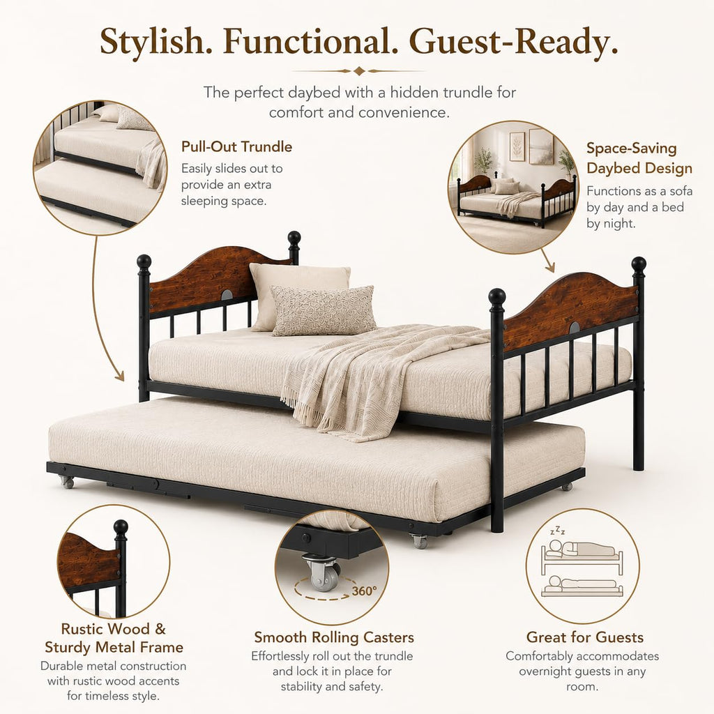 Twin Daybed with Trundle, Twin Bed Frame with with Stylish Headboard, Heavy Duty Steel Slats Platform, Brown
