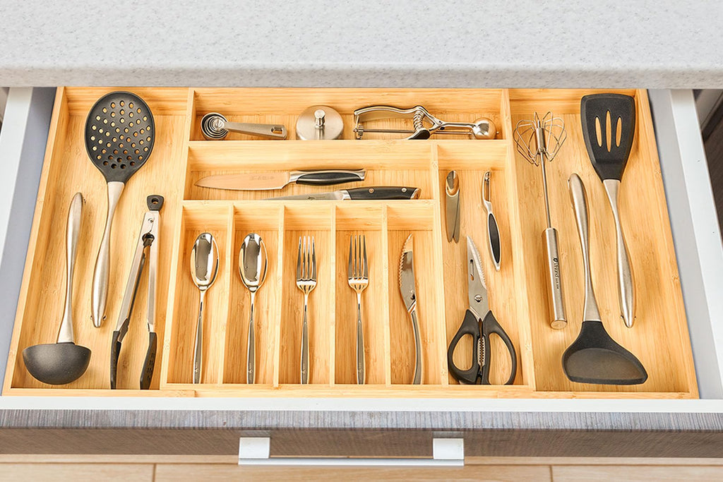 Extra Large Expandable Kitchen Siverware Utensils Drawer Organizer, 19" Deep for Big Drawer, Adjustable Bamboo Wood