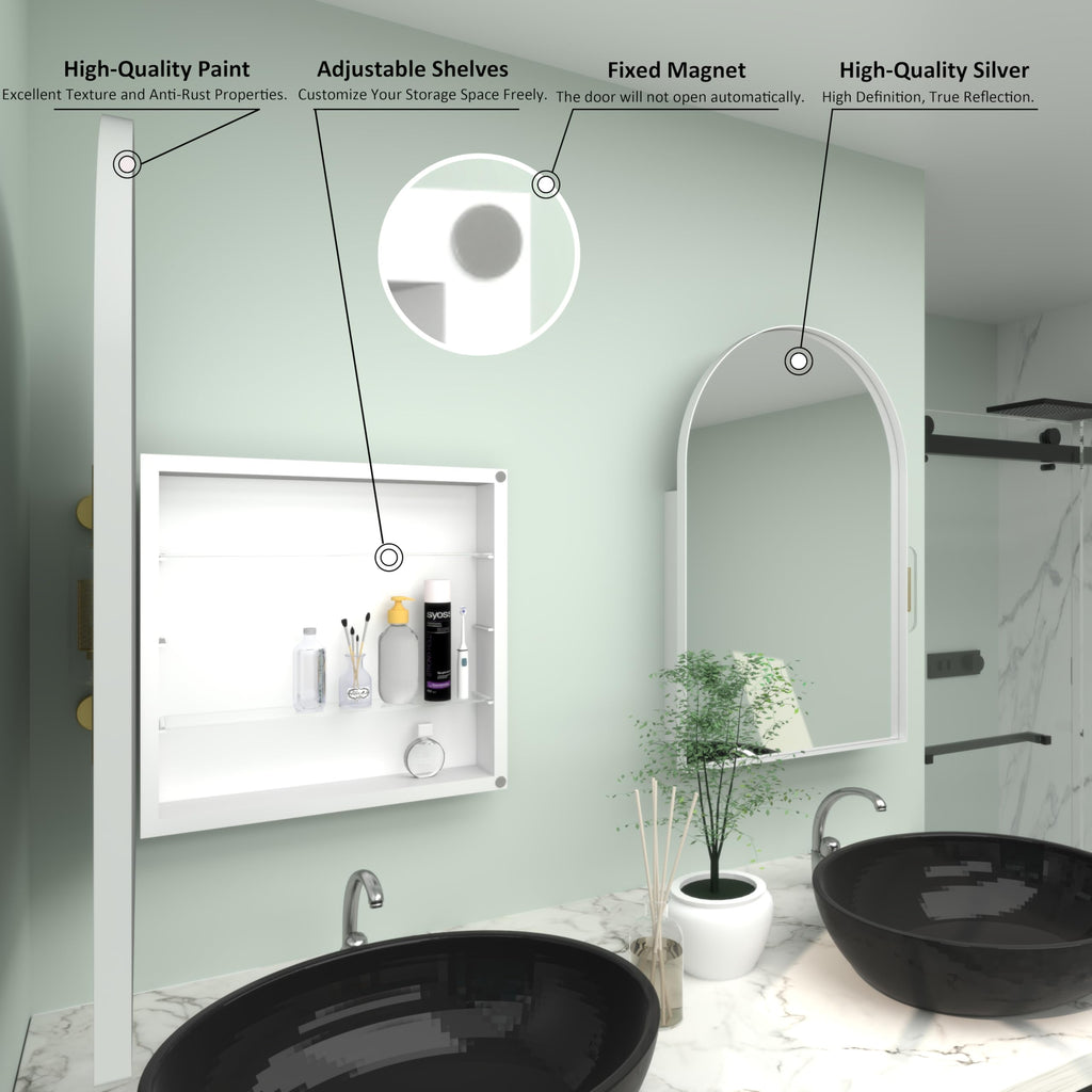 24" WX36 H Farmhouse Framed Medicine Cabinet with Mirror, Matte White Finish, Recessed or Surface Mount, Adjustable