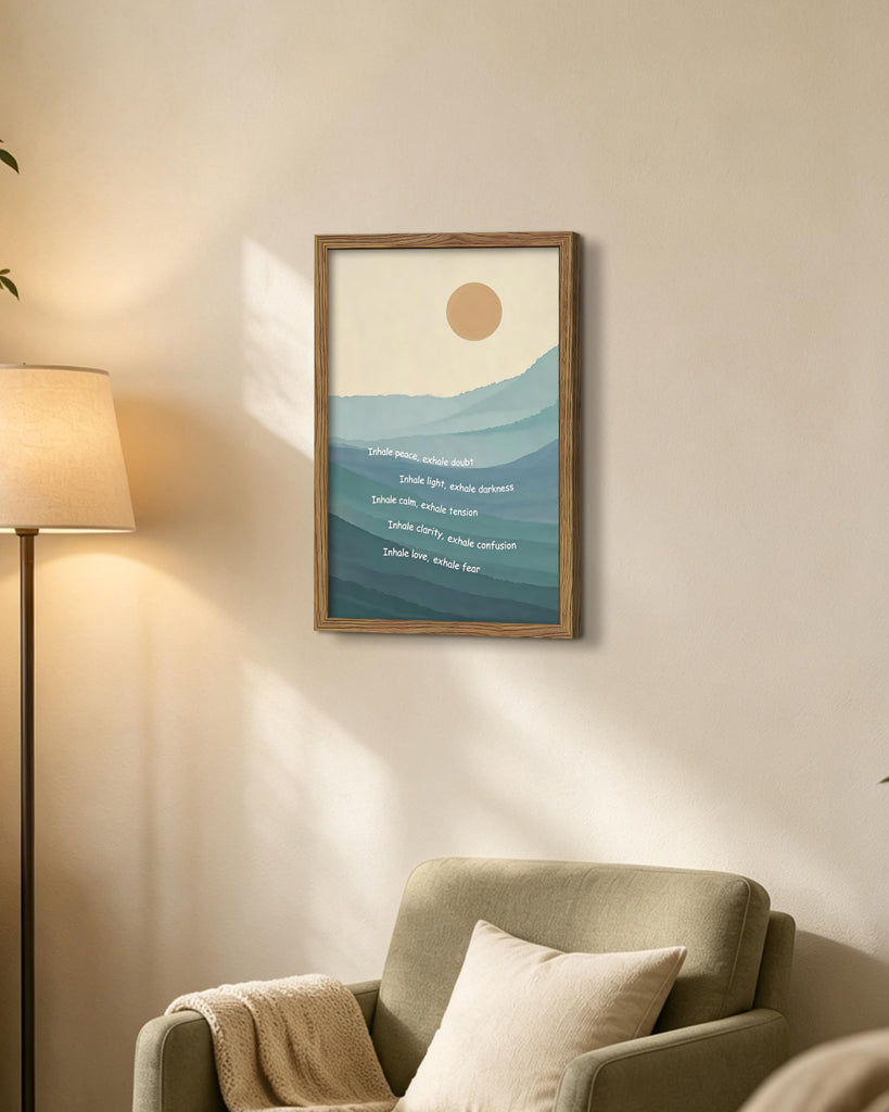 Framed Mindfulness Wall Art, Inhale Exhale Quote Canvas Print Poster, Minimalist Mountain Landscape Painting, Zen