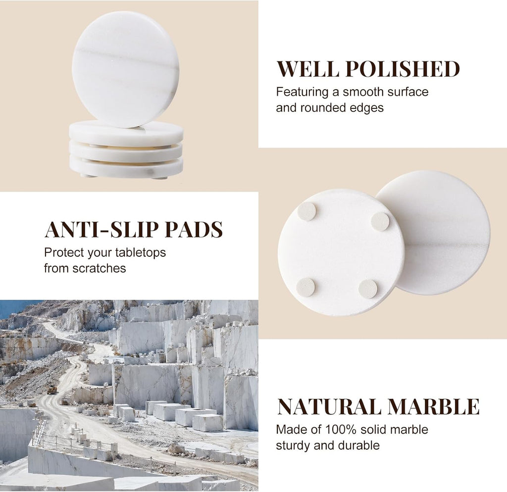 Marble Coasters, 4-inch Round Natural Stone Drink Coasters with Non-Slip Backing, Heat Resistant Coaster - Set of 4