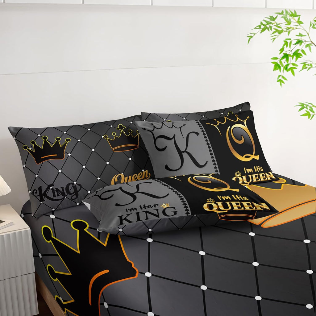 Grey and Black Comforter Set Queen IZE,7-Piece K and Q Printed Crown Couple Bed in a Bag,His Her Lover Comforter & Fitted Sheet & Flat Sheet & 2 Pillowcases,2 Pillow Shams
