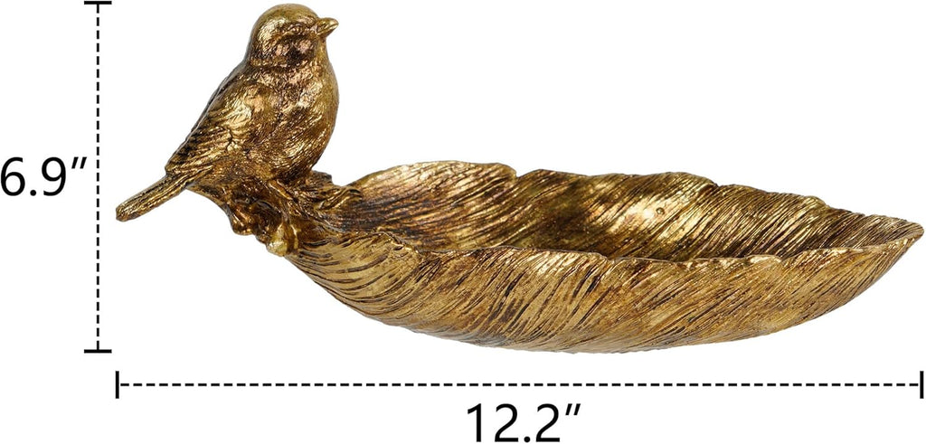 Resin Jewelry Tray, Gold Leaf-shaped with Standing Bird, Ring Dish, Decorative Organizer for Entrance Vanity Dresser