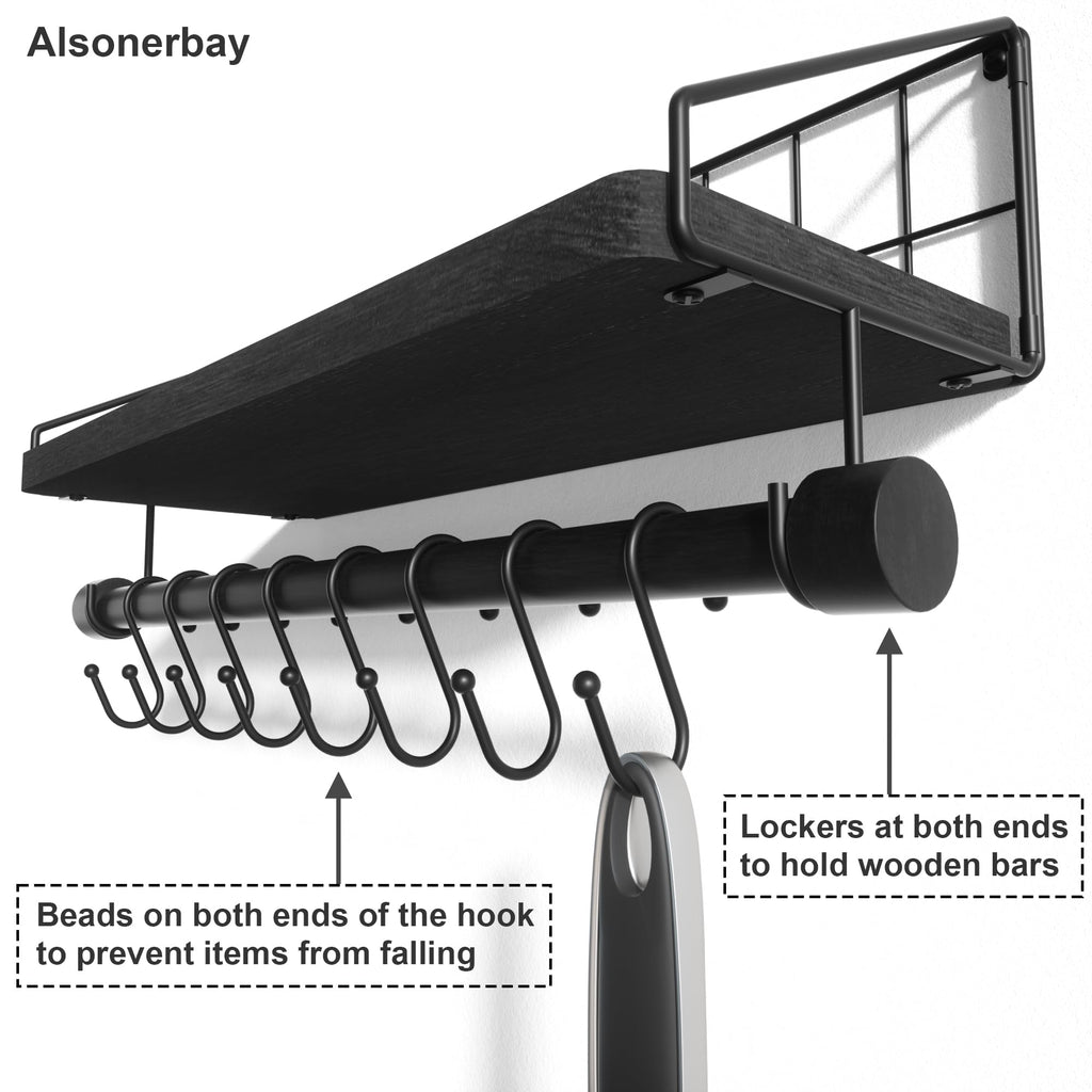 Floating Shelf for Wall with Wooden Towel Bar, Black