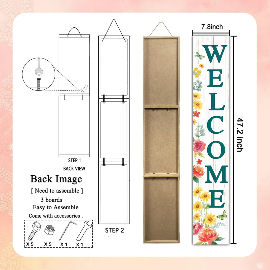 Welcome Sign for Front Door, Spring Flower 47"X8" White