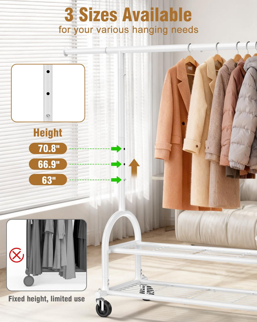 Rolling Clothes Rack Heavy Duty Clothing Racks with 2 Shelves, White