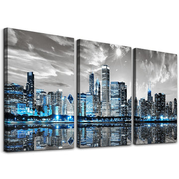 Chicago Skyline Wall, Modern City Pictures Canvas Wall Decor Bedroom 3 Pieces Set Night Scene Prints Paintings