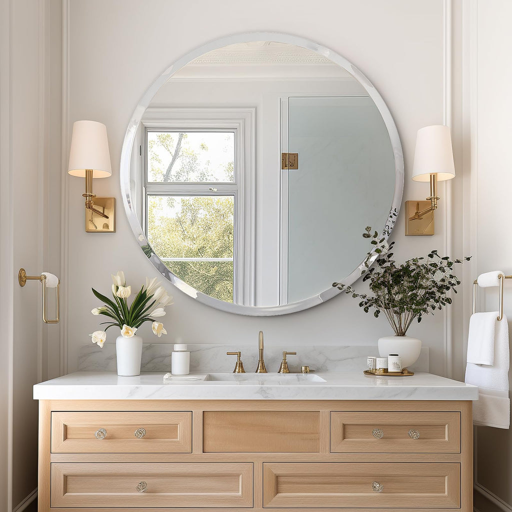 36" Round Frameless Wall Mirror with Beveled Edge