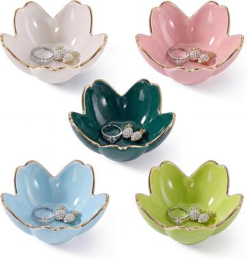Floral Ceramic Jewelry Tray, Cherry Blossom Ring Holder Dish, Ceramic Trinket Tray, Key Bowl Gifts for Mother's - Set of 5