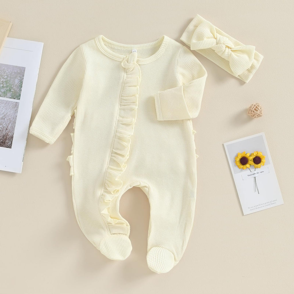 Newborn Baby Girl Clothes Long Sleeve Solid Color Romper Jumpsuits with Headband Infant Coming Home Outfit (Creamy