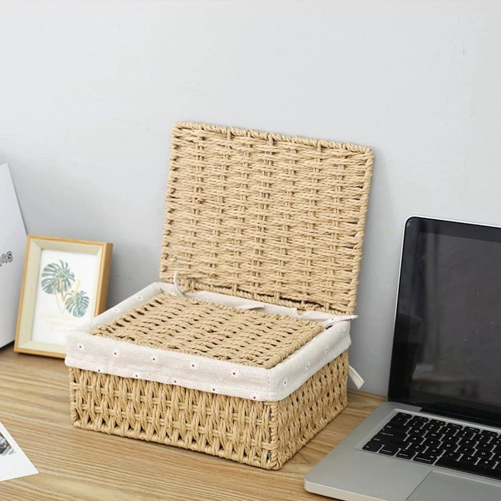 GIB Small Wicker Storage Baskets with Lid/Liner Woven Cute Decorative Boxes | Boho Paper Rope Baskets for Shelves
