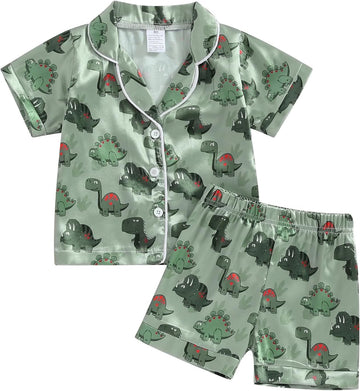 Kids Summer Satin Pajamas Sets Toddler Boys Dinosaur Pjs Short Sleeve Silk Nightwear Two Piece Sleepwear Loungewear