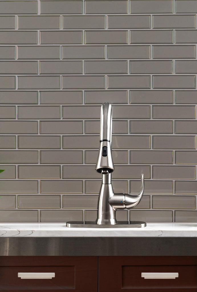 Glass Mesh Mounted Mosaic Tile | Champagne Bevel Subway | 2" x 6"