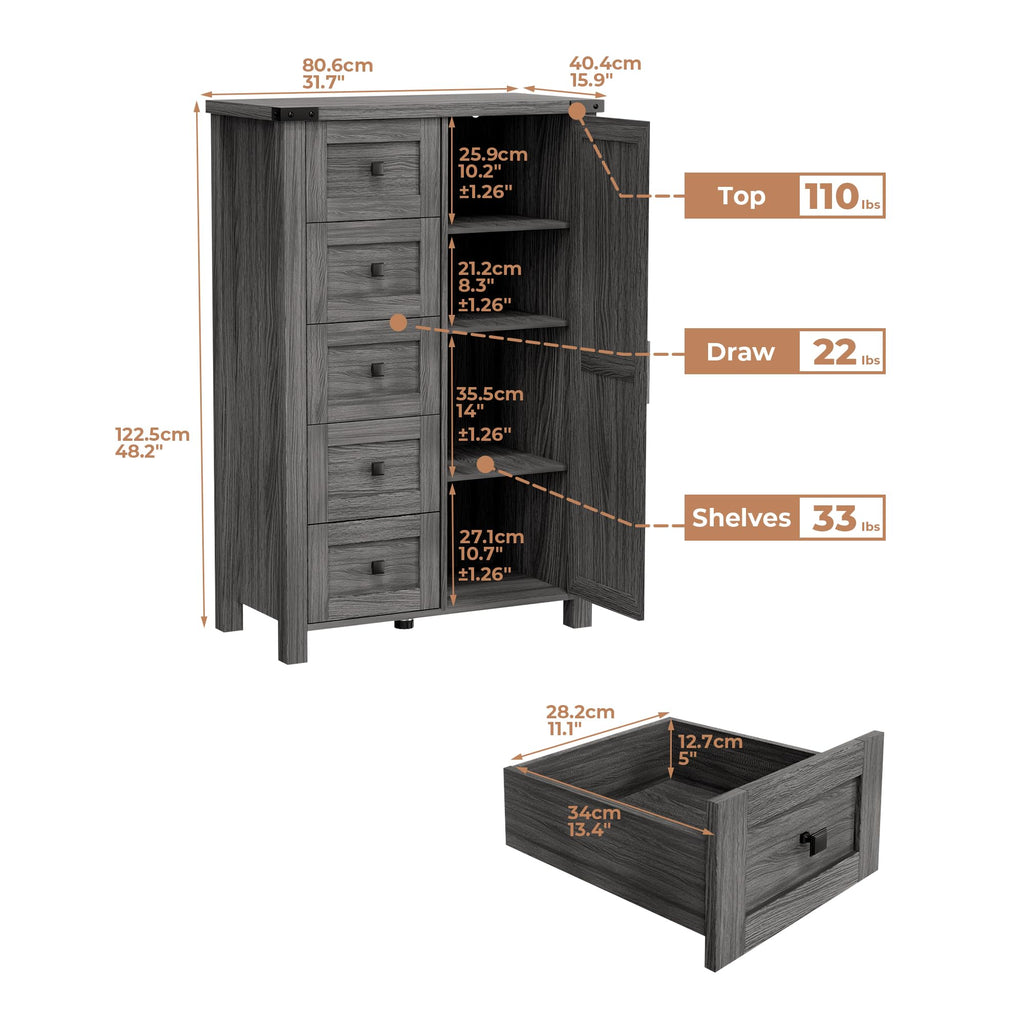 Farmhouse Dresser Storage Cabinet Chest of Drawer, 5 Drawer Dresser with Barn Door, 48 Inch Tall Grey Wood Dresser