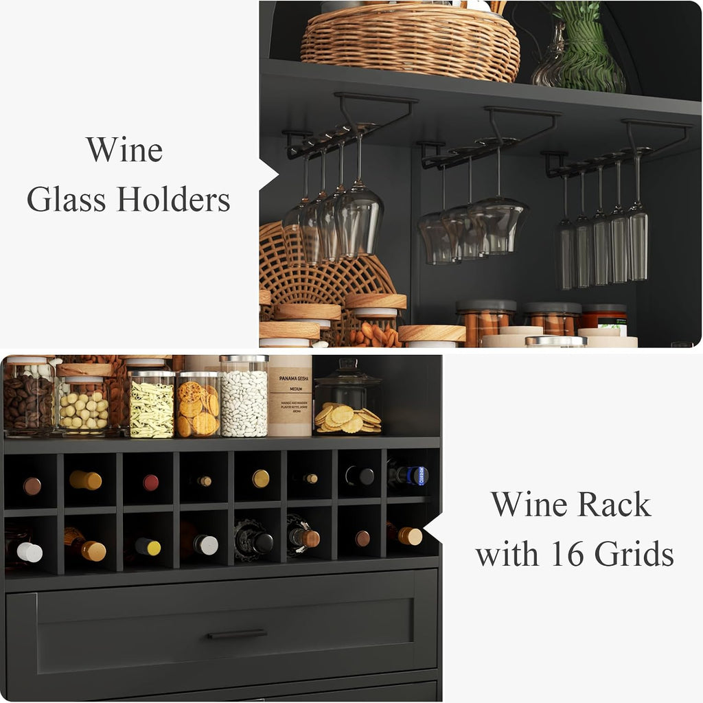 76" Arched Wine Bar Cabinet with Drawer, Glass Holders & Wine Rack | Modern Liquor Bars Cabinet W/Drawer & Shelves